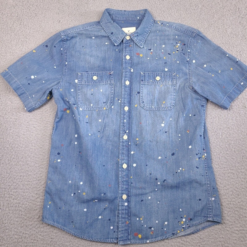 American Eagle‎ Shirt Mens Small Blue Paint Splatter Chambray Denim Artsy Cotton